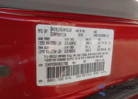 2003 Dodge Caravan Se from USA, damaged, VIN 1D4GP25R03B317382